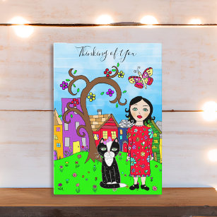 Thinking of You Whimsical Lady and Cat Friendship Card