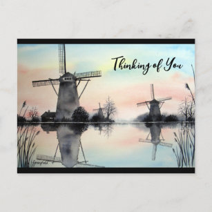 Thinking of You Windmills at Dawn Watercolor  Postcard