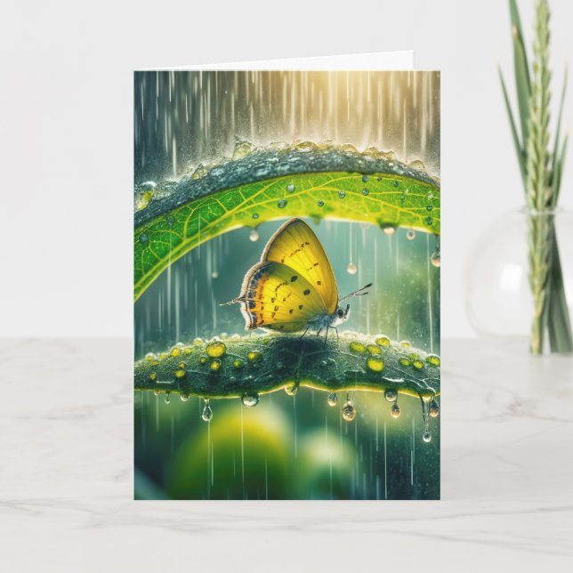 Thinking of  You Yellow Butterfly In a Rain Shower Card (Front)