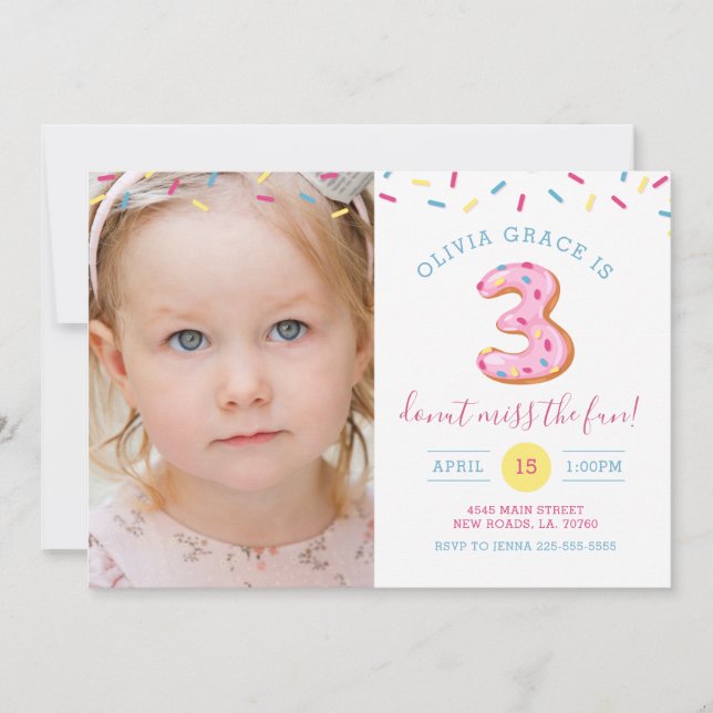 Third Birthday Doughnut Photo Card Invitation (Front)
