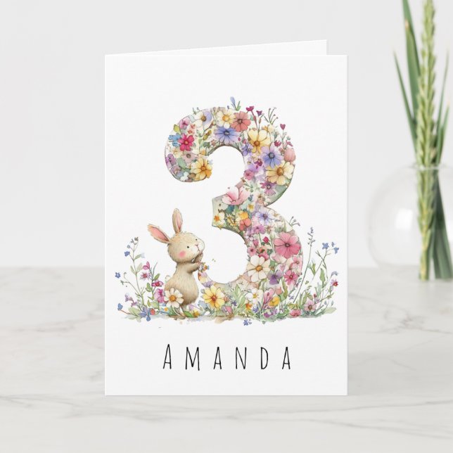 Third Birthday Floral Bunny Card (Front)