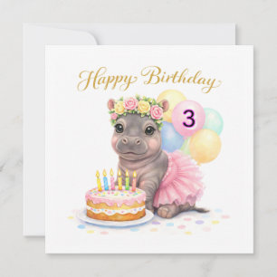 Third Birthday For Girls Happy Hippo in Tutu Card