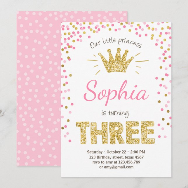 Third birthday invitation Princess Gold Pink Three (Front/Back)
