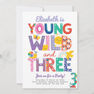 Third Birthday Invite, Rainbow, Young Wild & Three Invitation