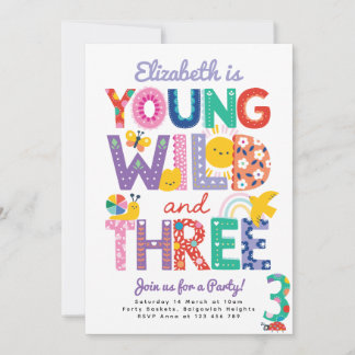 Third Birthday Invite, Rainbow, Young Wild & Three Invitation