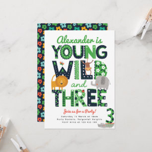 Third Birthday Invite, Young, Wild and Three Boys Invitation