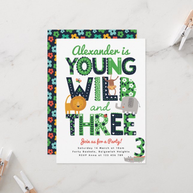 Third Birthday Invite, Young, Wild and Three Boys Invitation (Front/Back In Situ)