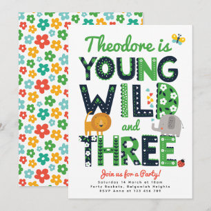 Third Birthday Invite, Young, Wild and Three Boys Invitation