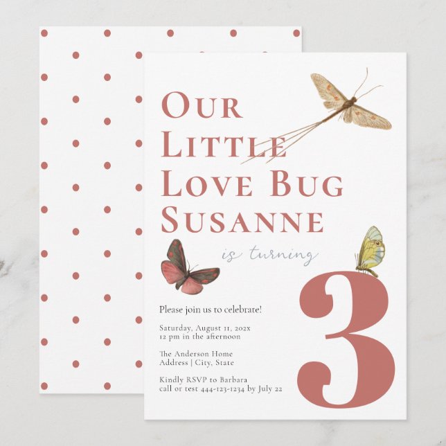 Third Birthday Love Bug Baby Girl Invitation (Front/Back)