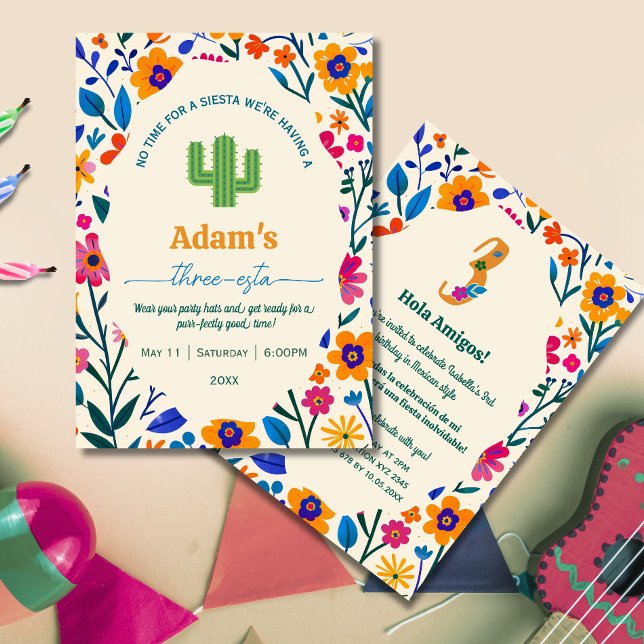Third Birthday Mexican floral cactus - Three-esta  Invitation (Creator Uploaded)