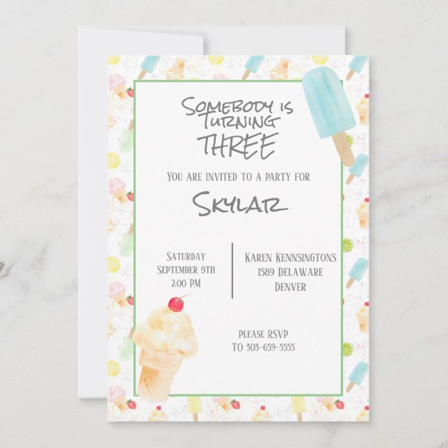 Third Birthday Party Ice Cream Invitation (Front)