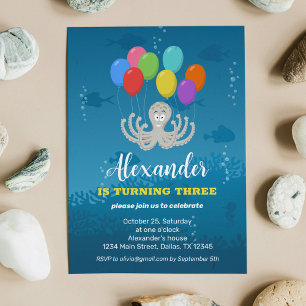 Third Birthday Party Octopus Balloons Invitation