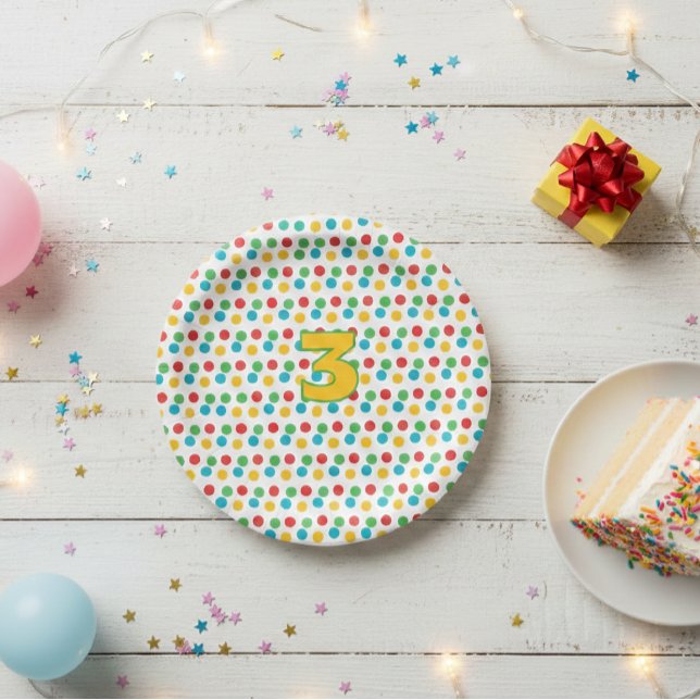 Third Birthday Party Plate with Colorful Polka Dot (Creator Uploaded)