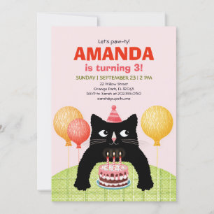 Third birthday party with cat, cake and candles in invitation