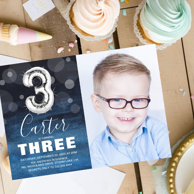 Third Birthday Silver Balloon | Blue Photo Party Invitation (Creator Uploaded)
