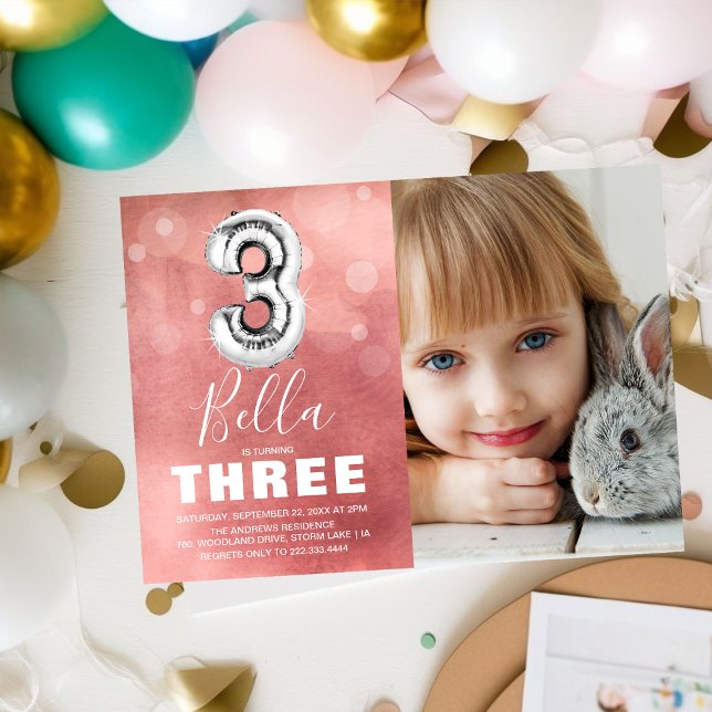 Third Birthday Silver Balloon | Pink Photo Party Invitation (Creator Uploaded)