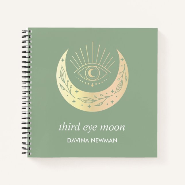 Third eye crescent moon Boho Monogram sage green Notebook (Front)