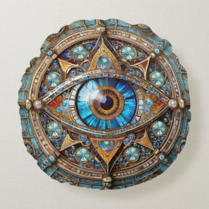 Third Eye - Turquoise Blue Gold Mandala Round Cushion