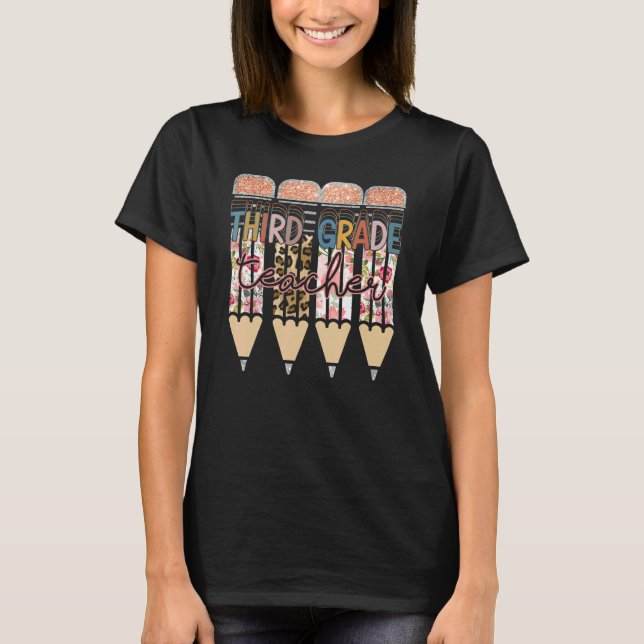 Third Grade Teacher  Leopard Pencil Back To School T-Shirt (Front)