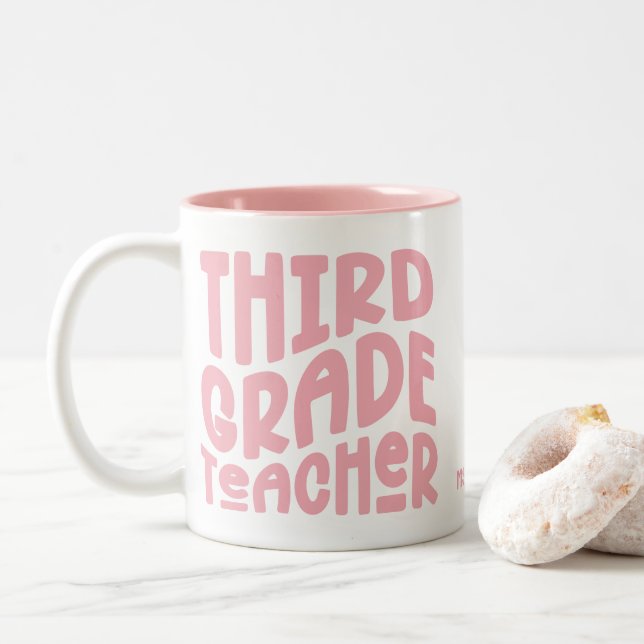 Third Grade Teacher Pink Typography Two-Tone Coffee Mug (With Donut)