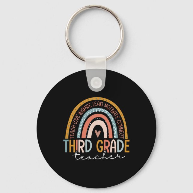 Third Grade Teacher Teach Love Inspire Boho Rainbo Key Ring (Front)