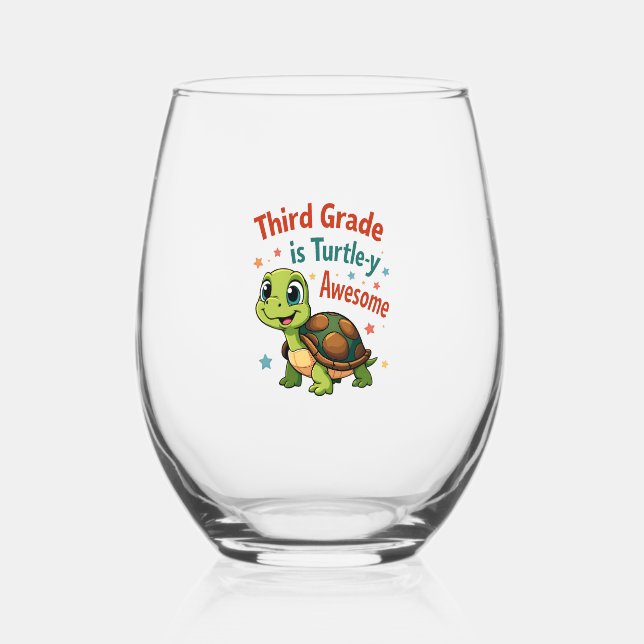 Third grade Turtle-y Awesome 3rd Grade Back to Sch Stemless Wine Glass (Front)