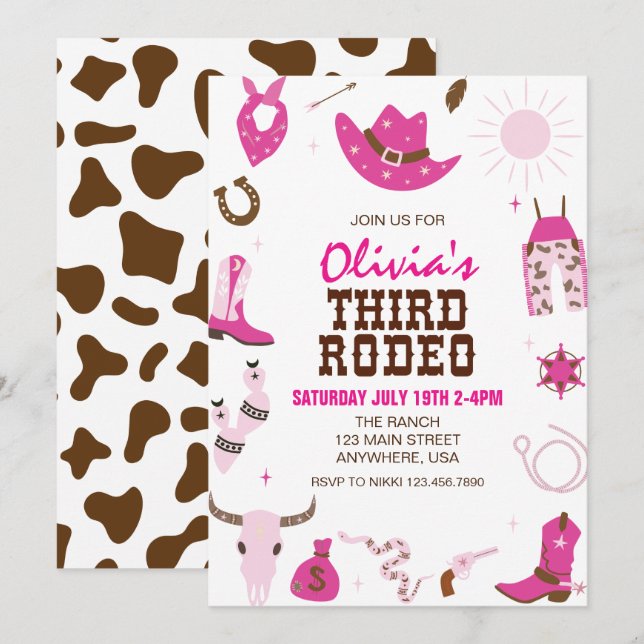 Third Rodeo Hot Pink Western 3rd Birthday Invitation (Front/Back)