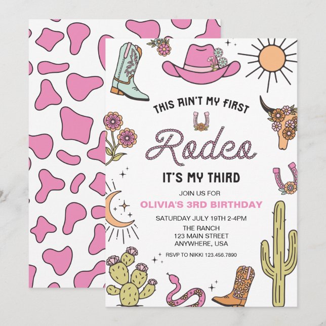 Third Rodeo Pink Western 3rd Birthday Invitation (Front/Back)