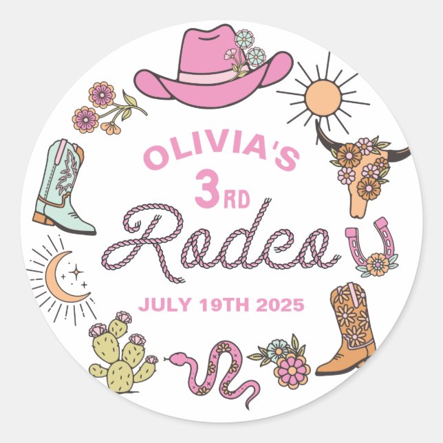 Third Rodeo Pink Western Cowboy 3rd Birthday Classic Round Sticker (Front)