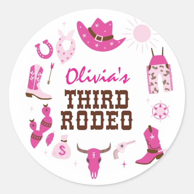 Third Rodeo Pink Western Cowboy 3rd Birthday Classic Round Sticker (Front)
