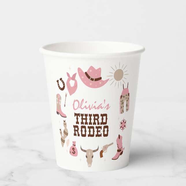 Third Rodeo Pink Western Cowboy 3rd Birthday Paper Cups (Front)