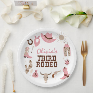 Third Rodeo Pink Western Cowboy 3rd Birthday Paper Plate