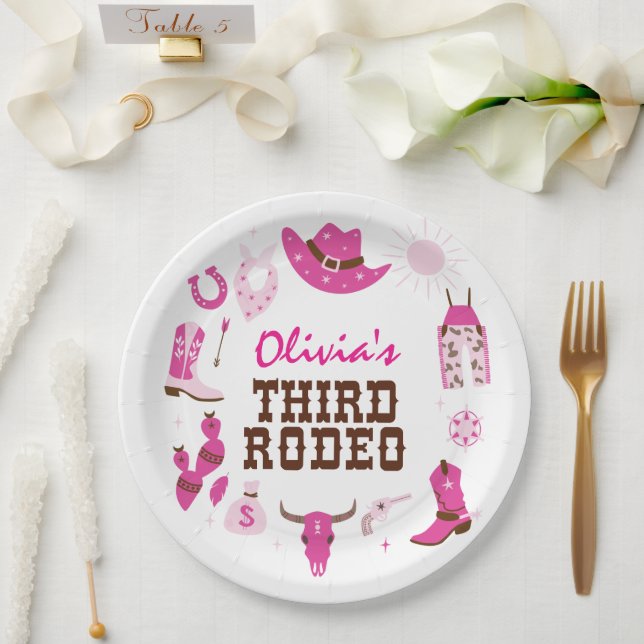 Third Rodeo Pink Western Cowboy 3rd Birthday Paper Plate (Wedding)