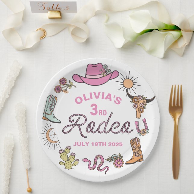 Third Rodeo Pink Western Cowboy 3rd Birthday Paper Plate (Wedding)