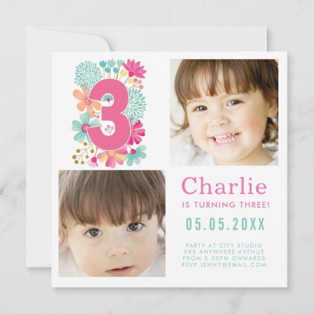 Third Three 3rd Birthday Party Photo Square Invitation (Front)