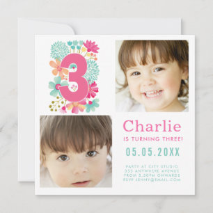Third Three 3rd Birthday Party Photo Square Invitation