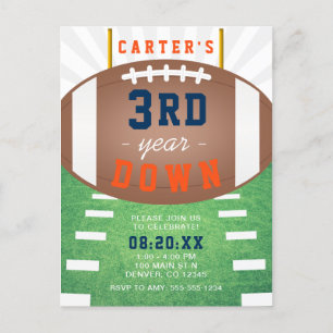 Third Year Down Football Theme 3rd Birthday Invitation Postcard