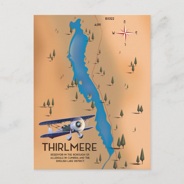 Thirlmere Reservoir Lake District Map Postcard (Front)