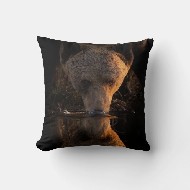 Thirsty Brown Bear at the creek Throw Pillow (Front)
