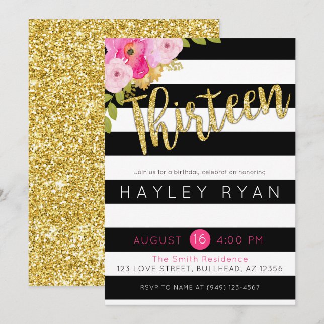 Thirteen 13th Birthday Black White Stripe Invitation (Front/Back)