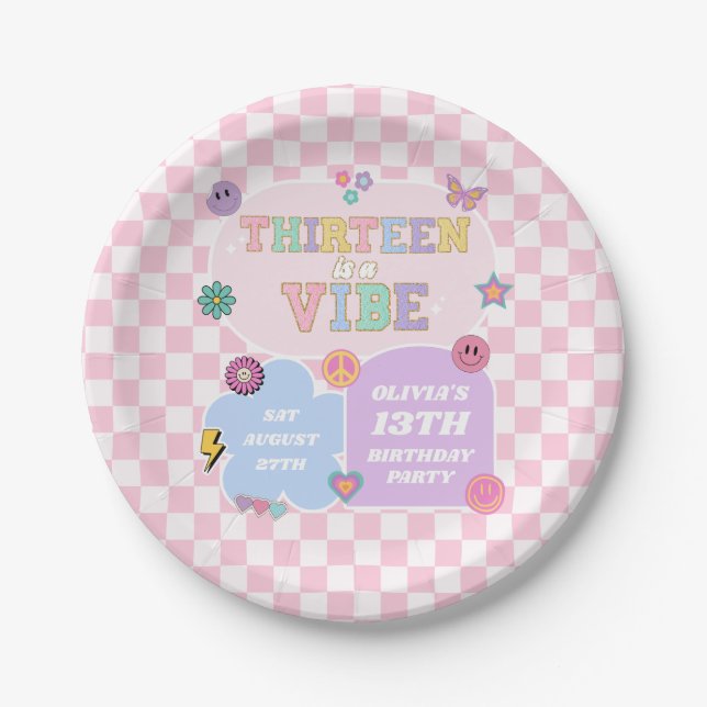 Thirteen A Vibe Preppy Patch 13th Birthday Party Paper Plate (Front)