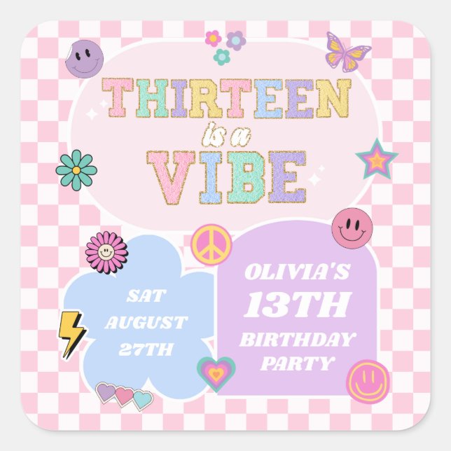 Thirteen A Vibe Preppy Patch 13th Birthday Party Square Sticker (Front)