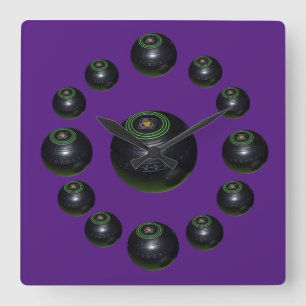 Thirteen Black Lawn Bowls On Purple, Large Clock