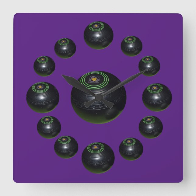 Thirteen Black Lawn Bowls On Purple, Large Clock (Front)