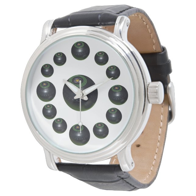 Thirteen Black Lawn Bowls, Watch (Angled)