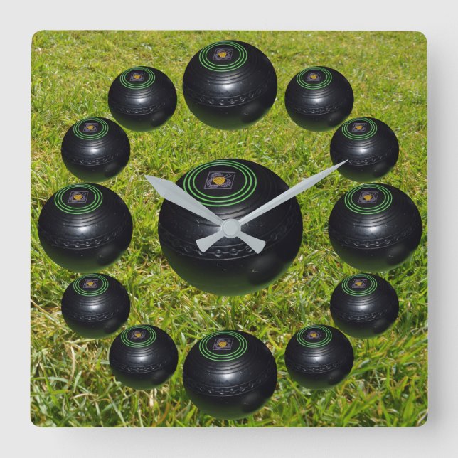 Thirteen Lawn Bowls On Green Grass, Square Wall Clock (Front)