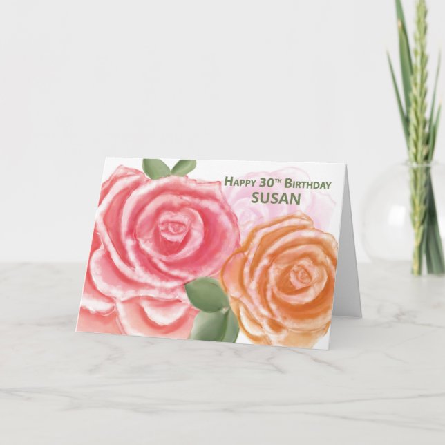 Thirtieth Birthday Blessings Large Watercolor Rose Card (Front)
