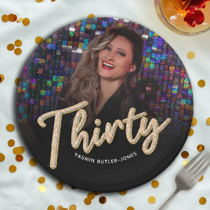 Thirty 30th Birthday custom photo script gold Paper Plate