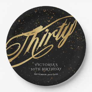 Thirty 30th Birthday Gold Black Stylish Confetti Paper Plate