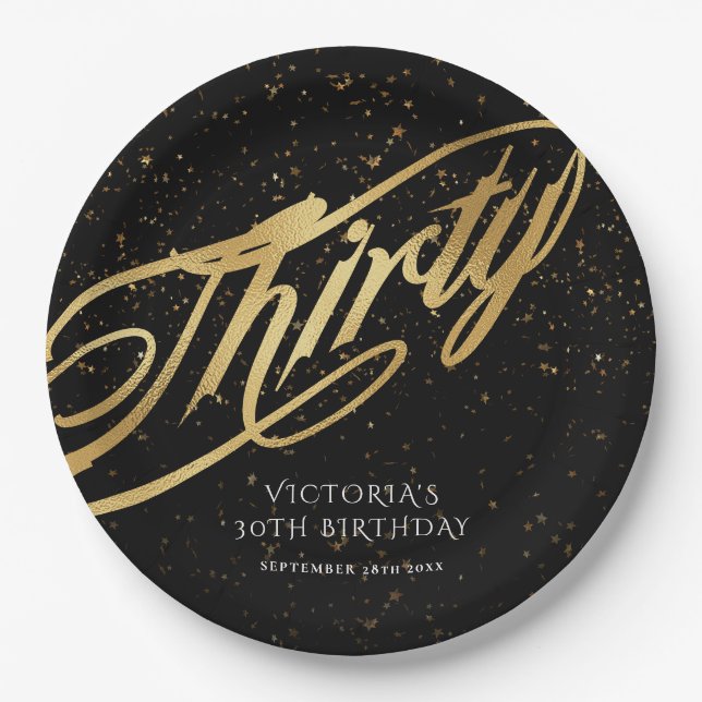 Thirty 30th Birthday Gold Black Stylish Confetti Paper Plate (Front)